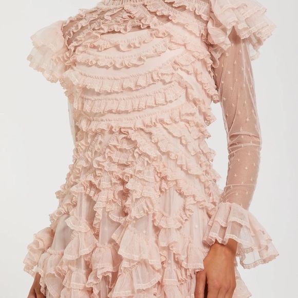 ✔️62B BNWT MAC DUGGAL Pink Tiered Ruffle Trim Long Sleeve Midi Dress - Picture 2 of 9